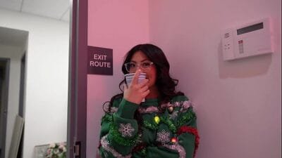 My slutty coworker sucked my cock at the office Christmas party – Cami Strella